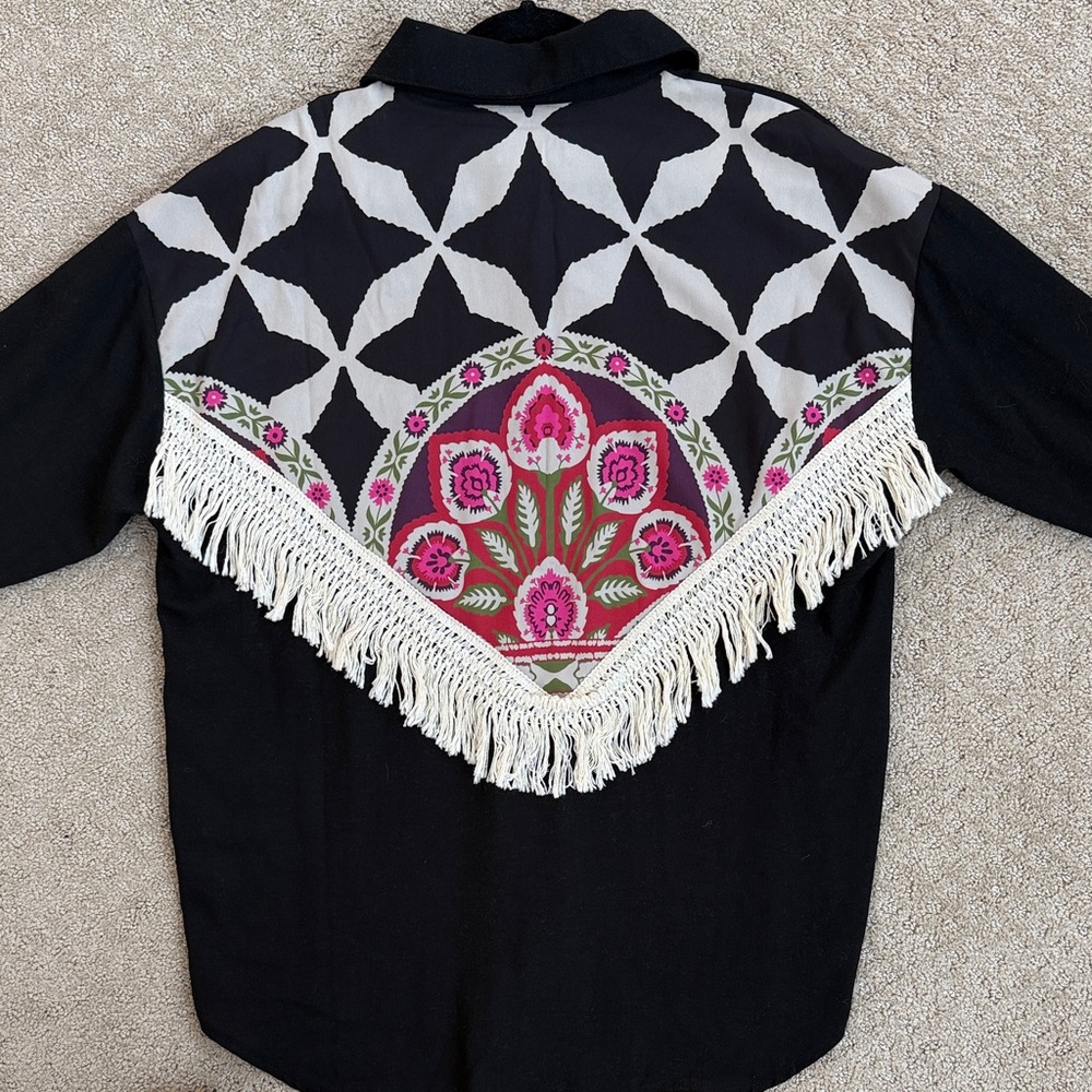 Touche Black Button-Up Shirt with Embroidered Back & Fringe – Size Small